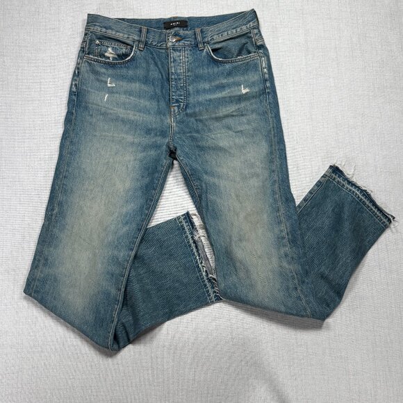 Amiri Distressed Raw Hem Jeans Blue Medium Wash Straight Leg Denim Size 34 - Picture 1 of 15